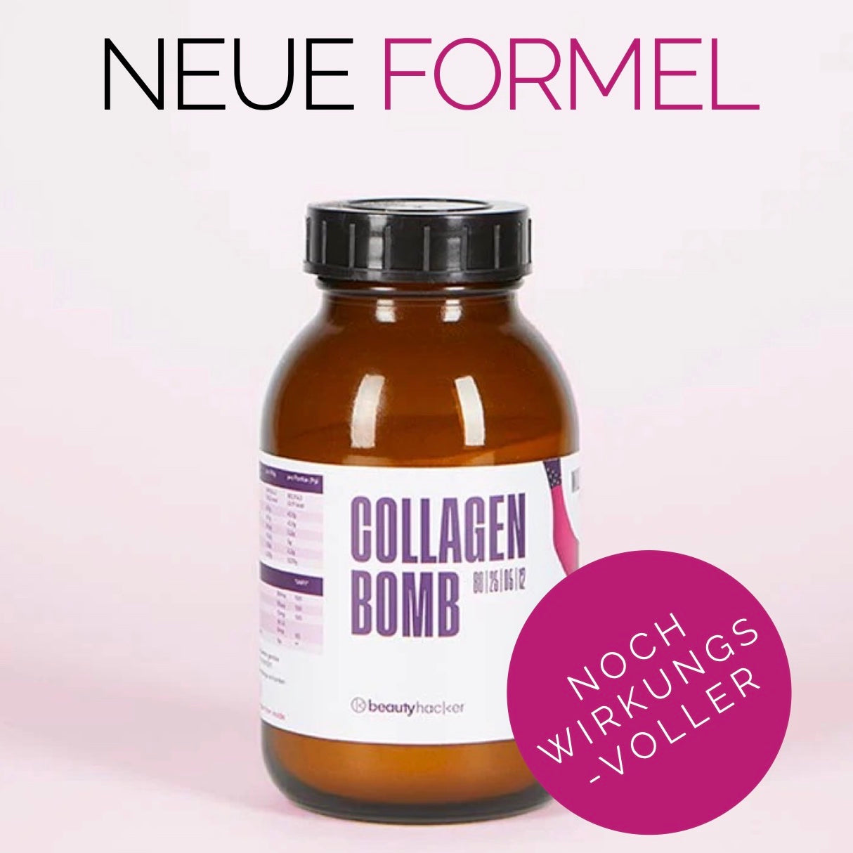 Beautyhacker Collagen Drink mit neuer Formel, angereichert mit 5g Kollagen, Vitamin C, E, Biotin, Zink, Kupfer und Selen in braunem Glasbehälter