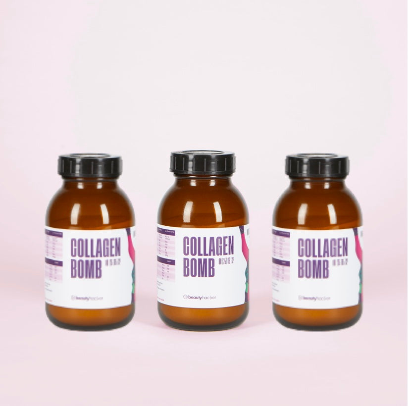 Beautyhacker Collagen Drink im 3er Set, mit 5g Kollagen, Vitamin C, Biotin, Zink, Kupfer und Selen für strahlende Haut, kräftige Haare und gesunde Nägel.