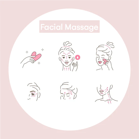 Illustration der Gua Sha Gesichtsmassagetechnik mit Beautyhacker Massagestein. Schritt-für-Schritt-Anleitung zur Förderung der Hautelastizität und Entspannung. Ideal für eine wohltuende Pflegeroutine am Morgen oder Abend.